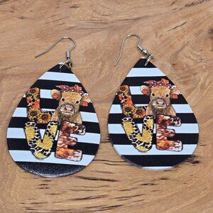 NEW FAUX LEATHER FARM ANIMALS HIGHLAND COW "LOVE" DOUBLE PRINT DANGLE EARRINGS